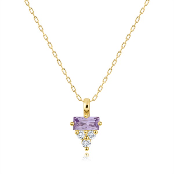Necklace in 585 yellow gold - purple rectangular zircon, three clear round ones
