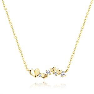 Necklace made of 14K gold - hearts and clear zircons, fine chain