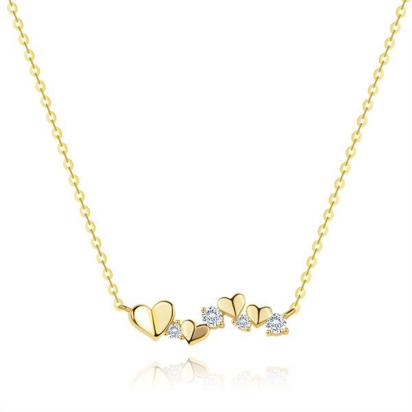Necklace made of 14K gold - hearts and clear zircons, fine chain