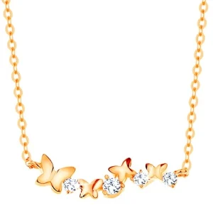 Necklace made of yellow 14K gold - butterflies and clear zircons, fine chain -35% EXTRA