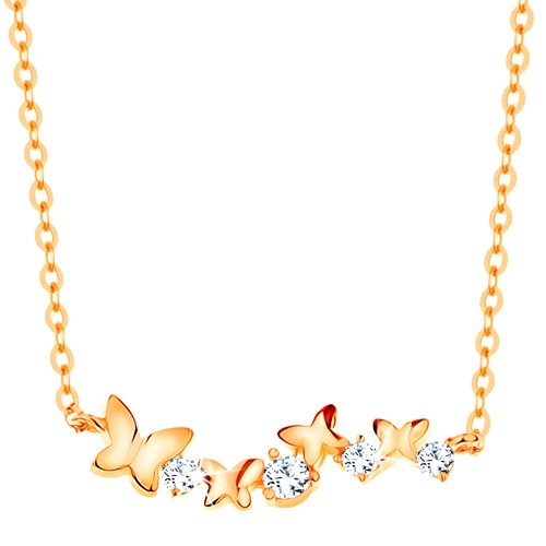 Necklace made of yellow 14K gold - butterflies and clear zircons, fine chain -35% EXTRA