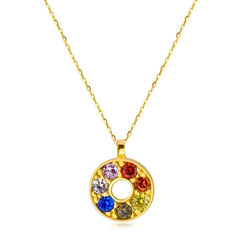 Necklace made of yellow 375 gold - outline of a circle with inlaid colored zircons and a cutout in the middle