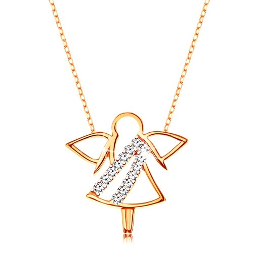 Necklace made of yellow 9K gold - angel contour, zircon lines, narrow glistening chain