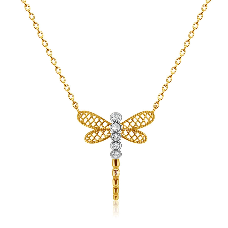 Pendant made of combined 9K gold - dragonfly with lattice wings, clear zircons
