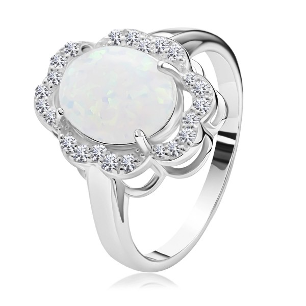 Ring in 925 silver - oval white synthetic opal, zircon edge