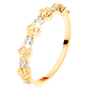 Ring in yellow 14K gold - alternating roses and round clear zircons