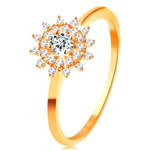 Ring in yellow 14K gold - clear zircon sun, shiny narrow shoulders