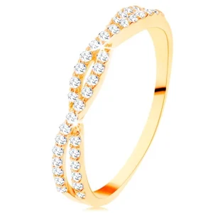 Ring in yellow 14K gold - intertwined zircon waves, tiny clear zircons
