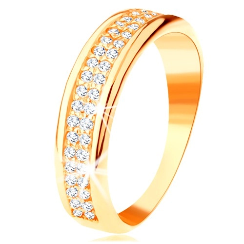 Ring in yellow 14K gold - two lines of clear zircons, shiny rounded border