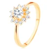 Ring made of yellow 14K gold - clear zircon sun, glossy narrow shoulders