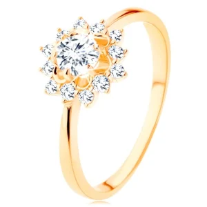 Ring made of yellow 14K gold - clear zircon sun, glossy narrow shoulders