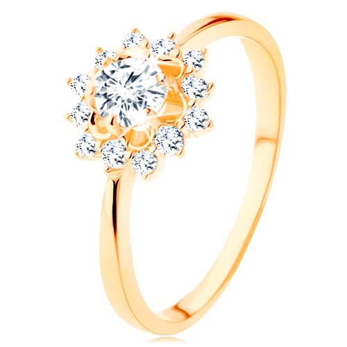 Ring made of yellow 14K gold - clear zircon sun, glossy narrow shoulders