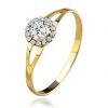 Ring made of yellow 14K gold - lustrous flower composed of clear zircons, cutouts on shoulders