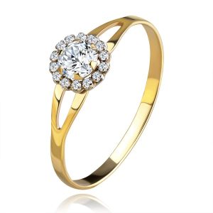 Ring made of yellow 14K gold - lustrous flower composed of clear zircons, cutouts on shoulders