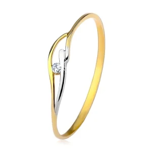 Ring made of yellow and white 9K gold, thin shoulders and waves, clear zircon