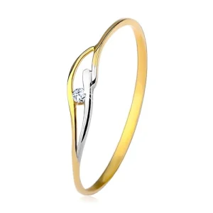 Ring made of yellow and white 9K gold, thin shoulders and waves, clear zircon