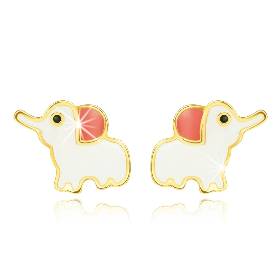 Stud earrings in 14K yellow gold – a glazed white elephant with salmon-coloured ear