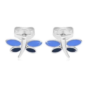 White 14K gold earrings - dragonfly with wings of blue glaze
