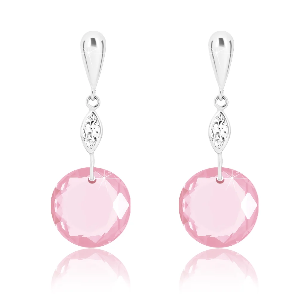 White 9K gold earrings - inverted tear, clear grain, round pink zircon