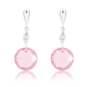White 9K gold earrings - inverted tear, clear grain, round pink zircon