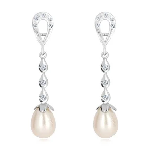 White 9K gold earrings - tear contour, three drops with zircons, white pearl -30% EXTRA