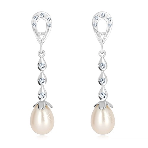 White 9K gold earrings - tear contour, three drops with zircons, white pearl -30% EXTRA