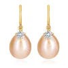 Yellow 14K gold diamond earrings - glossy arch, oval pearl and brilliant