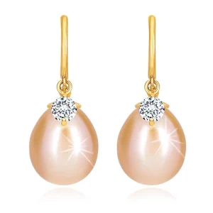 Yellow 14K gold diamond earrings - glossy arch, oval pearl and brilliant