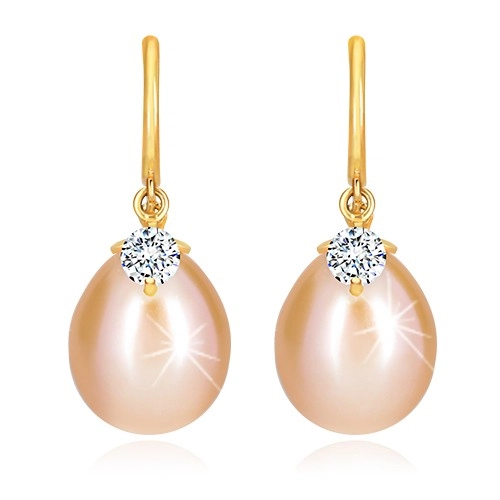 Yellow 14K gold diamond earrings - glossy arch, oval pearl and brilliant