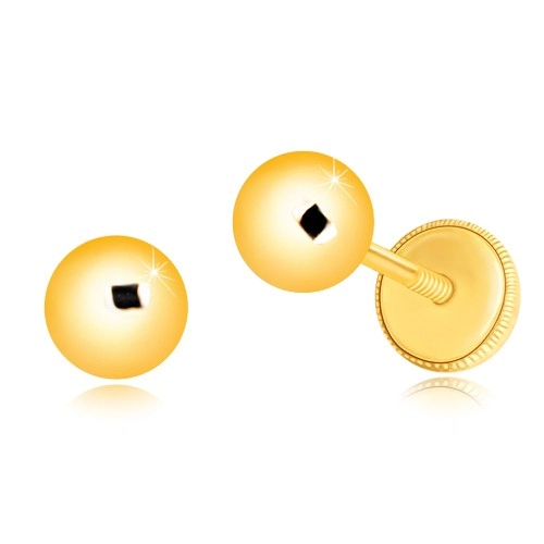 Yellow 585 gold earrings - simple glossy ball, screw back earrings, 5 mm free gift