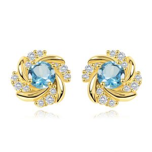 Yellow 9K Gold Earrings with Blue Topaz Flower